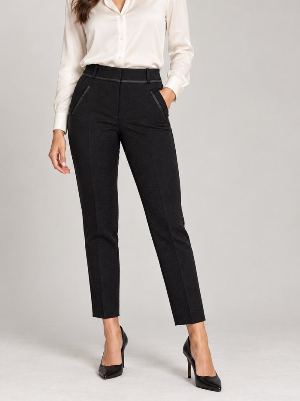 🖤 LOFT 'Marisa' Black Textured Slim Ankle Pants | Satin Trim | Size 4